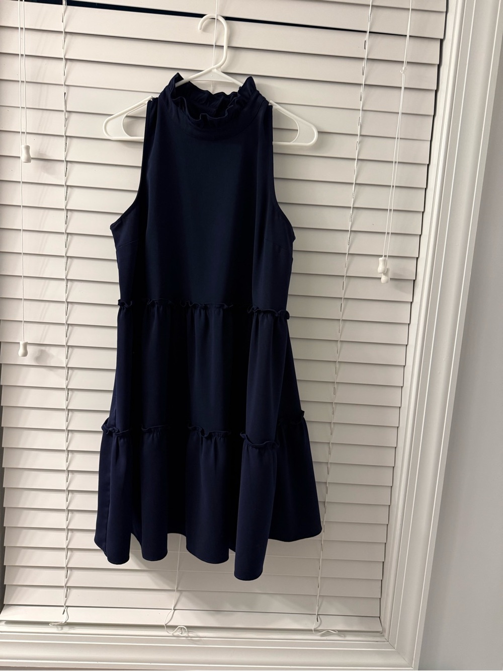 crown & ivy Navy Ruffled Mock Neck Tiered Mini Dress
